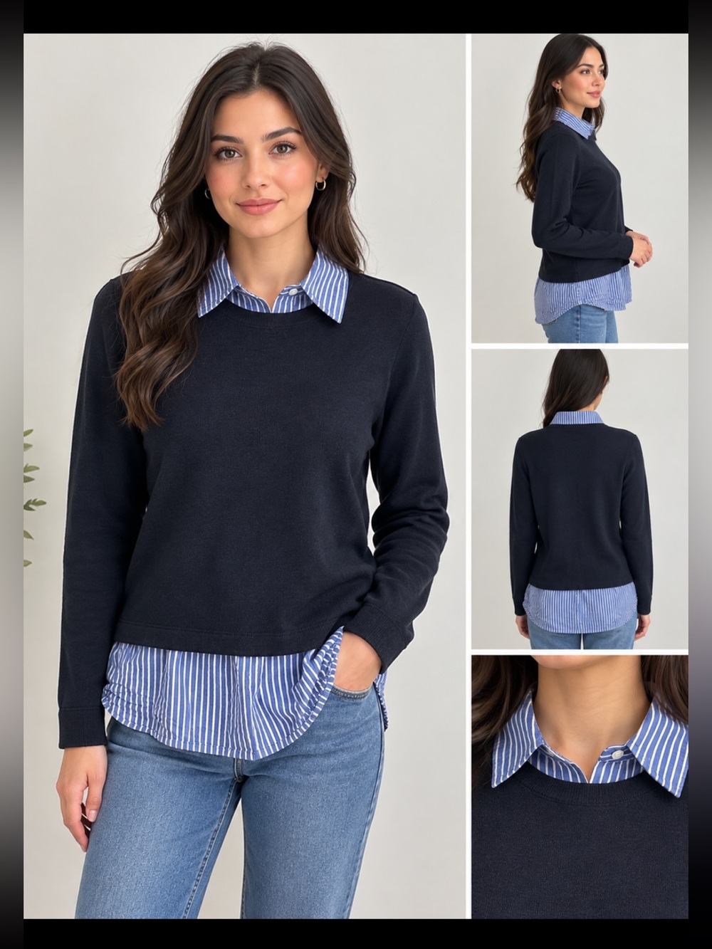 Ann Taylor Navy Sweater with Blue-and-White Striped Collar and Hem